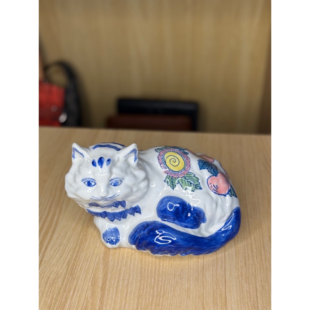 Vintage Mid Century Japanese Style Ceramic Cat Figurine Blue White Floral Peach
